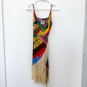 FARM Rio Wrap Mini Dress Fringe Tropical Parrot Print Multicolor Boho XS